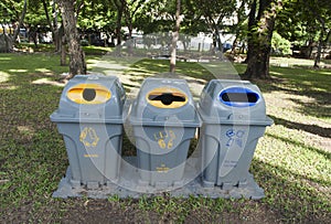 Row of large green wheelie bins for rubbish, recycling in garden