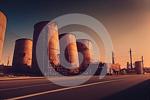 a row of large industrial tanks sitting next to each other on a road near a factory building and power lines