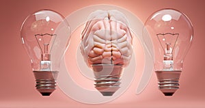 Row of light bulbs with glowing human brain. Concept of inspiritation, creativity, idea, education, innovation and