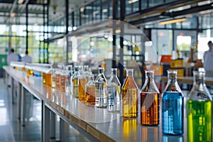 Row of Liquid-Filled Bottles on Table