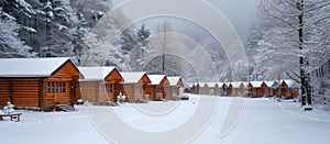 Row of Log Cabins in Snow