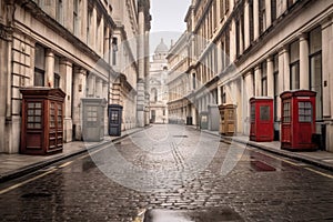 a row of london telephone booths lined up on a cobblestone street