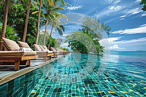 Row of Lounge Chairs Next to Swimming Pool