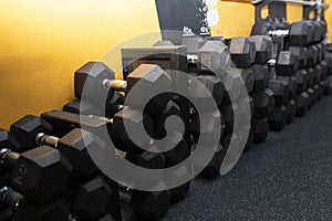 Row of lowered weights lined up in a gym