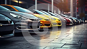 A row of luxury cars in various colors is displayed in a showroom, with focus on a red vehicle's front side and