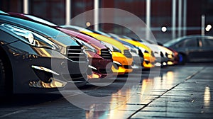 A row of luxury cars in various colors is displayed in a showroom, with focus on a red vehicle's front side and
