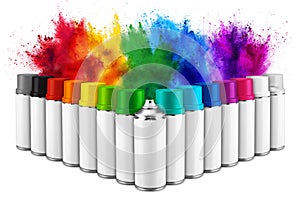 Row of many spray can in colorful color in front of ainbow holi paint color powder explosion isolated white background. Industry