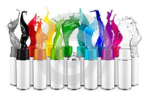 Row of many various spray can spraying colorful rainbow paint liquid color splash explosion isolated white background. Industry