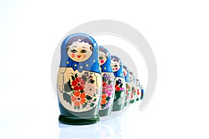 Row of matryoshkas dolls with copy space