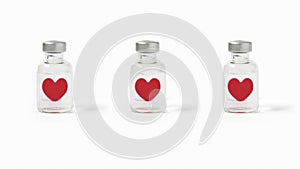 Row of medical vials of injectable medicine with floating hearts