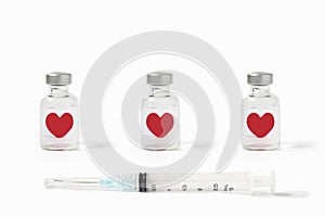 Row of medical vials of injectable medicine with floating hearts and hypodermic needle