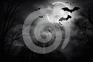 Row Of Menacing Black Bats In Flight Against Moonlit Monochrome Sky. Generative AI