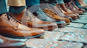 A row of mens business shoes neatly lined up on a cobblestone floor, creating a stylish and sophisticated display