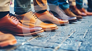 A row of mens business shoes neatly lined up on a cobblestone floor, creating a stylish and sophisticated display