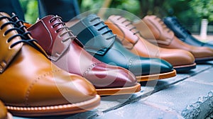 A row of mens business shoes neatly lined up in a display of sophistication and style