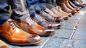 A row of mens business shoes neatly lined up on a sidewalk, creating a stylish and sophisticated display