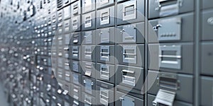 A row of metal filing cabinets with many different locks