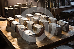 a row of metal ingots ready for melting and casting