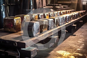 a row of metal ingots ready for melting and casting