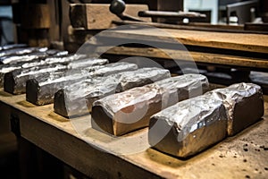 a row of metal ingots ready for melting and casting