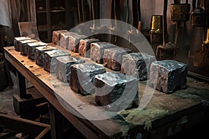 a row of metal ingots ready for melting and casting