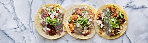 Row of mexican street tacos with carne asada and al pastor in corn tortilla wide banner composition