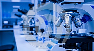 Row of microscopes in a modern science laboratory