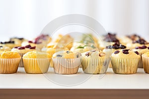 a row of mini muffins, mixed types