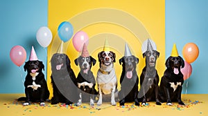 Row of mixed breed dogs ready to celebrate their Party