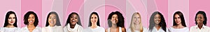 Row Of Mixed Females Portraits In Collage, Pink Background