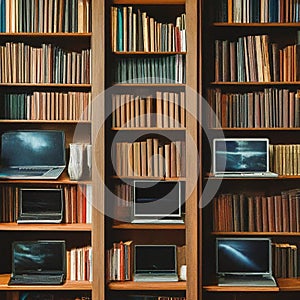 Row of modern bookshelves filled with books and laptops.Workspace Wonderlands