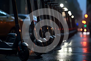 Row of modern eco electric city scooters parked in the city for sharing. Generative AI