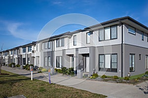 A row of modern residential townhomes or townhouses in Melbourne`s suburb, VIC Australia.