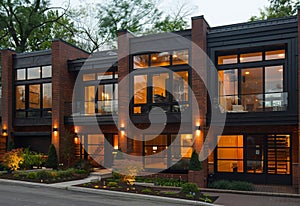 Row of modern townhouses. A narrow contemporary midwest townhouse with street facing storefront
