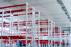 Row of mpty warehouse racks, Empty metal shelf in storage room