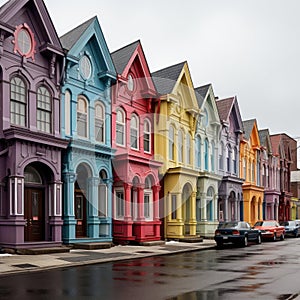 Row of multi-colored houses on a rainy day in a futuristic victorian style