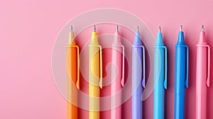A row of multicolord pens on pastel pink background.