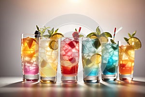 a row of multicolored cocktails. ai generative