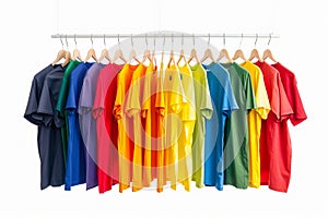 Row of multicolored shirts on a clothes rail photo