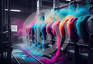 a row of multicolored yarn in a factory. Generative AI