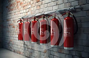 Row of multiple fire extinguisher. Generate ai
