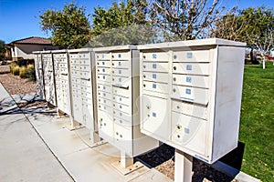 Row Of Multiple Mailboxes In Housing Subdivision