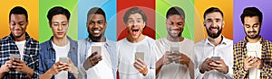 Row of multiracial men using smartphones in collage, emotional guys texting on cellphones over colorful backgrounds