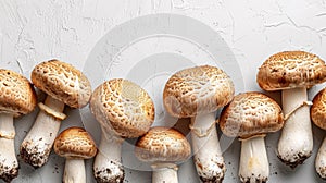 A row of mushrooms on a white surface with some brown ones, AI