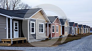 A row of nearly finished modular homes displaying a variety of architectural styles and designs photo