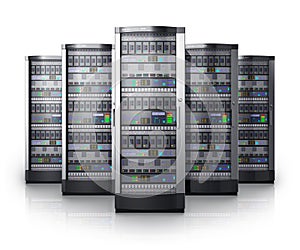 Row of network servers in data center