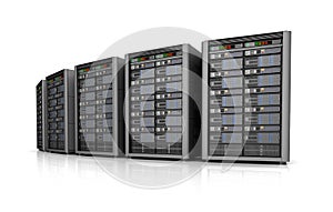 Row of network servers in data center isolated on white background