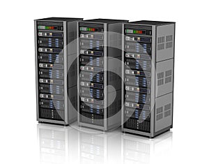 Row of network servers in data center on white background