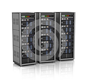 Row of network servers in data center on white background