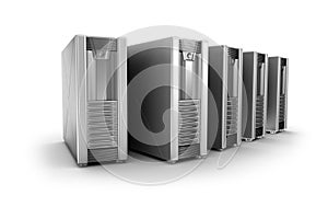 Row of network servers over white